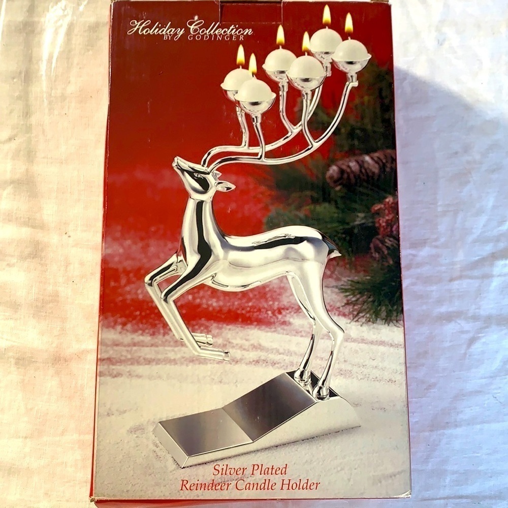 New in box holiday collection by godinger silver plated reindeer candle holder